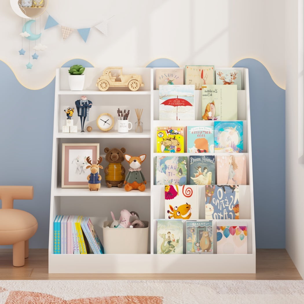 4-Tier Kids Bookshelf and Toy Storage Organizer, Wooden Children's Bookcase with Multi-Level Shelves & Toy Bin, Book Display Stand for Kids Room, Playroom & Nursery, White