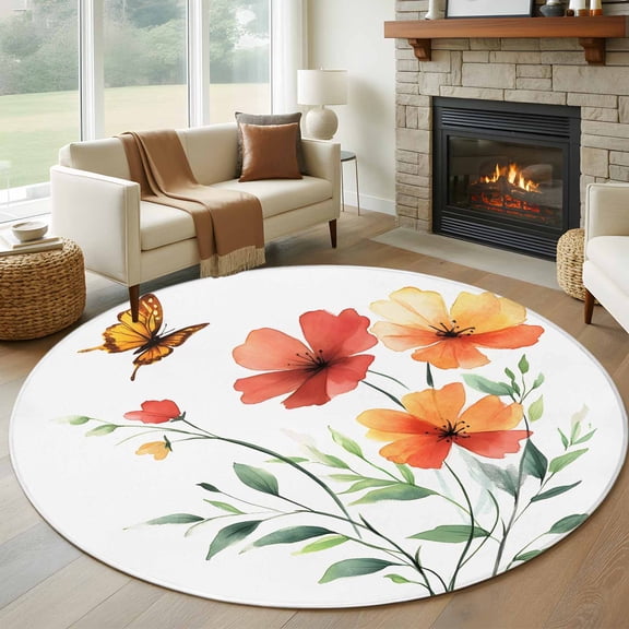 Orange Red Flowers Round Rug 5ft Washable Circle Kitchen Rugs Non Slip Watercolor Rustic Pastoral Botanical Large Area Rug Indoor Floor Carpet for Bedroom Living Room Home Office Dining Room Nursery