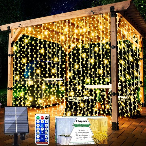 LINLIN Solar Curtain Lights, Upgraded Garden Fairy Lights 300 LED 8 Modes Remote Control Waterproof Solar Fairy Lights Outdoor Curtain String Lights for Gazebo Patio Party Festival Decorations