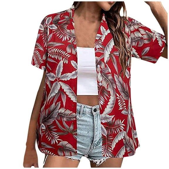 qolati Womens Button Down Shirts 2024 Short Sleeve Floral Tropical Print Hawaiian Shirts Casual Loose Fit Summer Beach Blouse Tunic Top