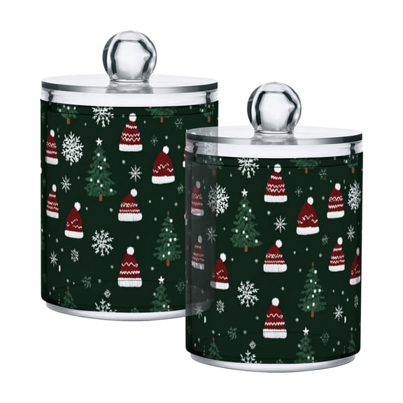 Yayeee 2 Pack Qtip Holder Bathroom Cotton Swab Canister with Lid Clear Dispenser Set, Green Christmas Hats
