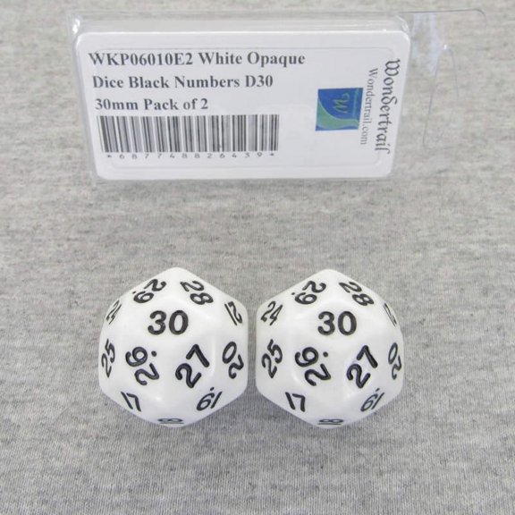 White Opaque Dice with Black Numbers D30 30mm (1.18in) Pack of 2 Wondertrail