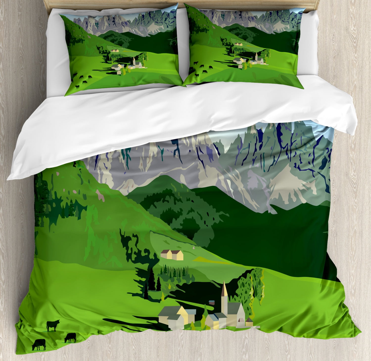 Switzerland Duvet Cover Set, Watercolor Style Alpine Mountains and