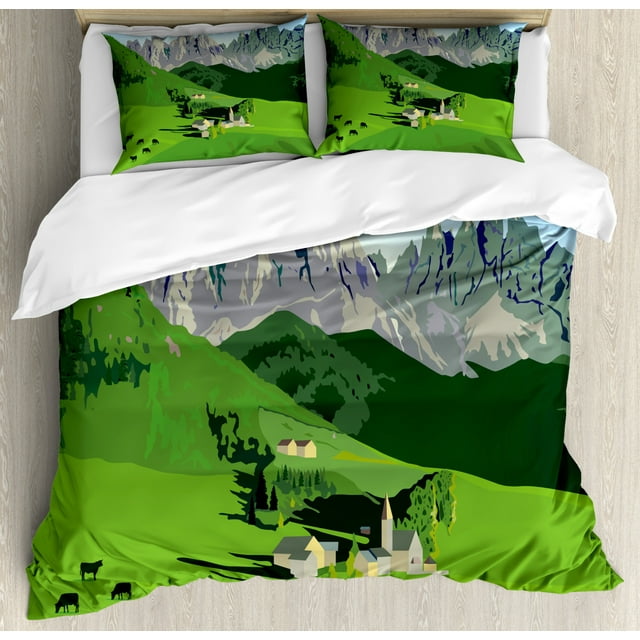 Switzerland Duvet Cover Set Queen Size, Watercolor Style Alpine Mountains and Meadow Pastoral