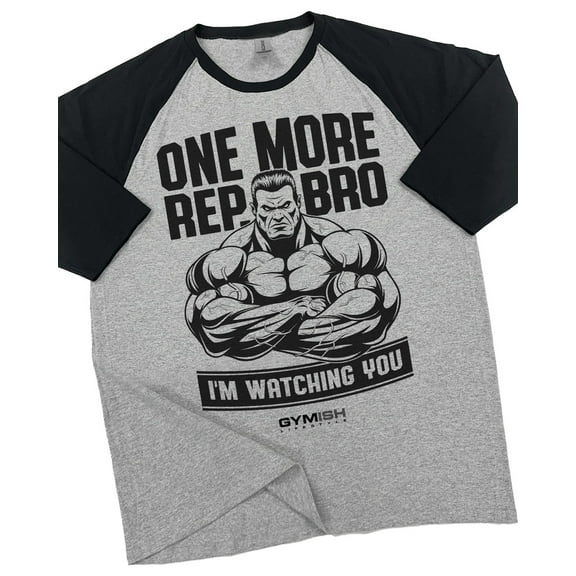 GYMISH RAGLAN One More Rep Bro! Workout Gym T-Shirt – Funny Gym Shirt for Men, Men's Fitness Tee, Weightlifting & Bodybuilding Apparel