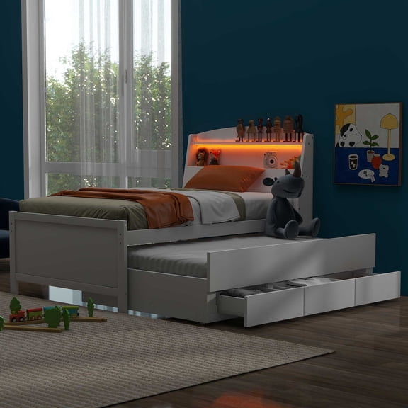 Harper & Bright Designs Twin Bed with Bookcase Headboard, Wood Twin Size Platform Bed with Storage LED Headboard, Twin Bed with Trundle and 3 Drawers, White