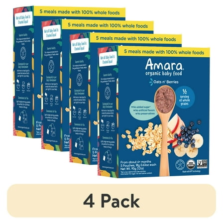 (4 pack) Amara Organic Baby Food Oats N Berries, No Added Sugar, Stage 2, 5 Individual Servings