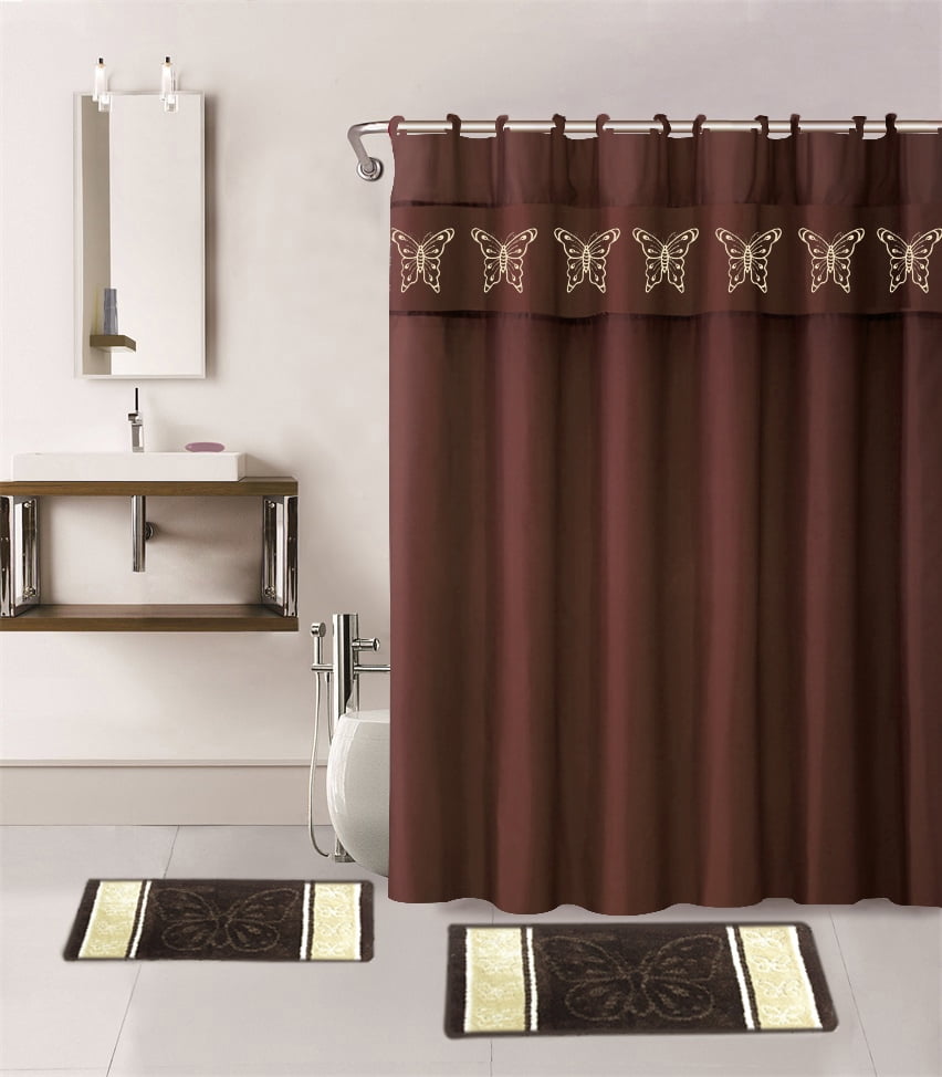 Contour & Rug with Fabric Shower Curtain and Fabric Covered Rings Bath Mat Set 