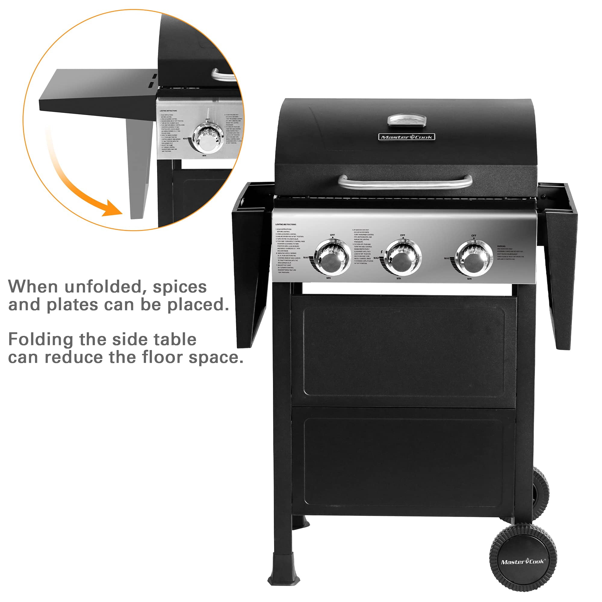 Master Cook 3-Burner Propane Gas Grill, 472 Sq In Cooking Area, 30,000 BTU Outdoor BBQ Grill for Patio, Backyard