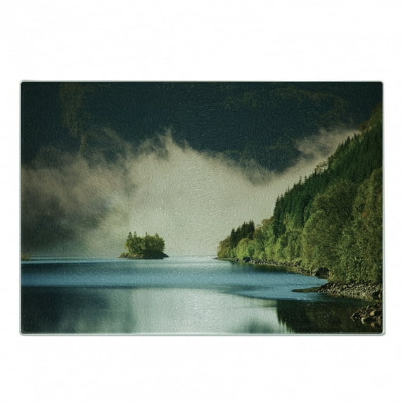 Lake Cutting Board, Mountain Reflection Natural Life Lovers Foggy Scene Panoramic Spring Themed Picture, Decorative Tempered Glass Cutting and Serving Board, in 3 Sizes, by Ambesonne