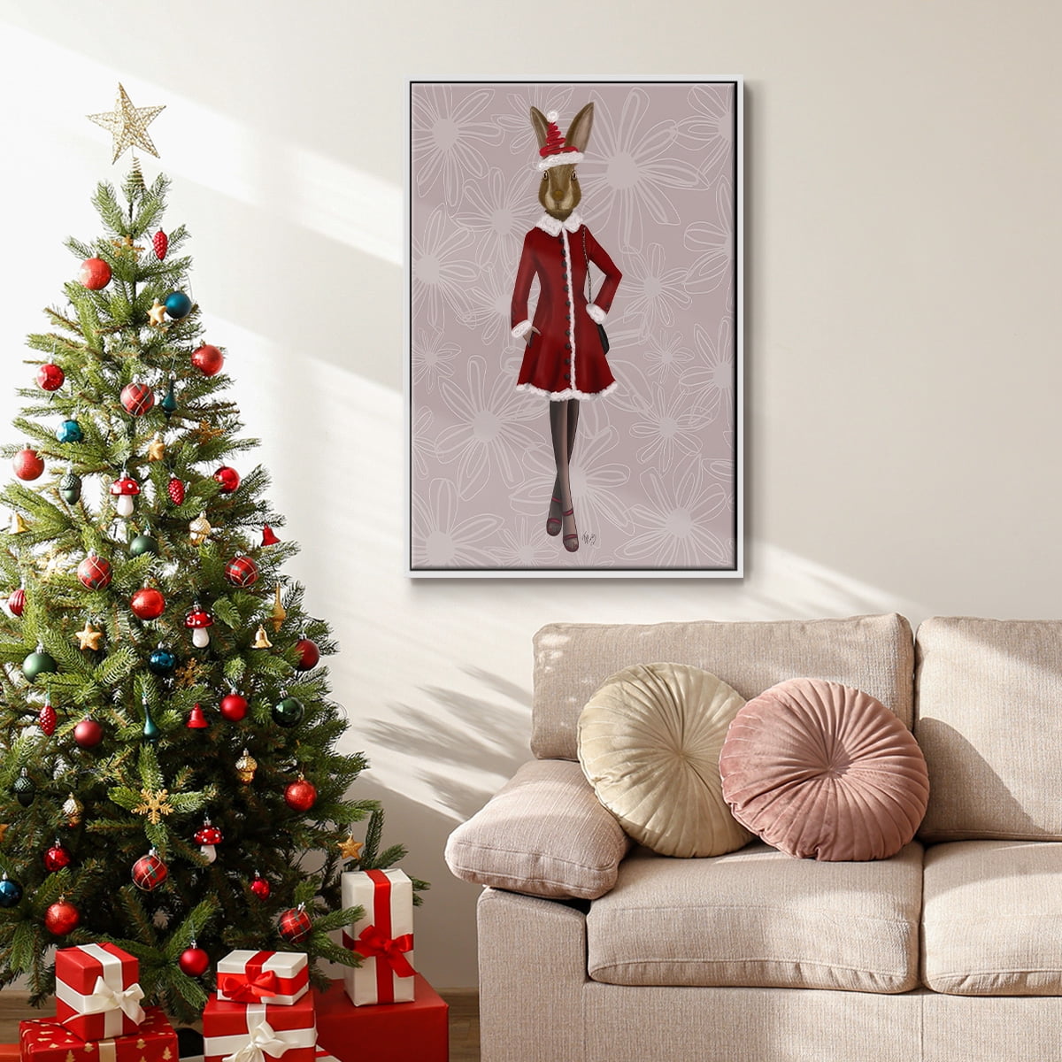 Christmas Christmas Fashion Bunny - Framed Gallery Wrapped Holiday Canvas - 27 x 41 - White Frame