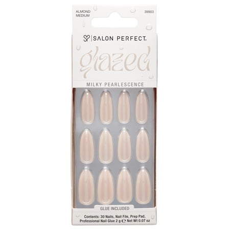 Salon Perfect Artificial Fake Press On Nails, 495 Glazed, White, Medium Almond, File, Glue and Prep Pad Included, 30 Nails