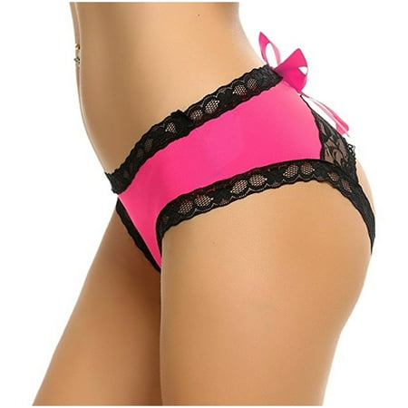 

Qcmgmg Womens Underwear Lace Bowknot Crotchless Plus Size Low Waisted Bikini Panties Hot Pink 2XL