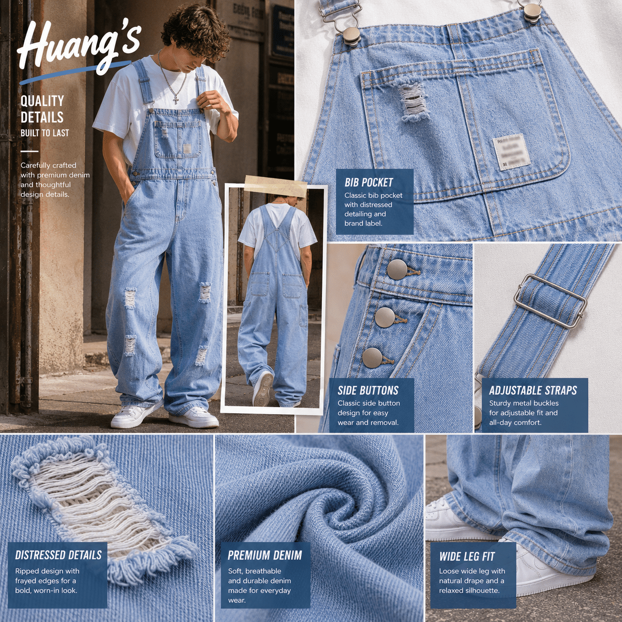 Men's Distressed Ripped Light Wash Denim Bib Overalls - Classic 5