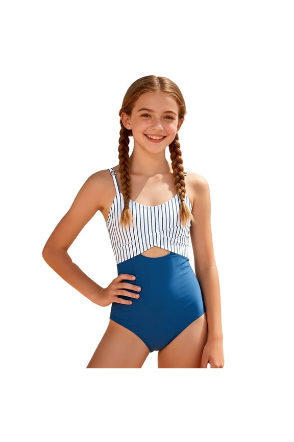 Girls One-Pieces Swimwear Striped Print Sleeveless Suspender Tops With Built In Bra Lightweight Cute Big Kids Youth Beach Pool Swim Wear Blue Size 11-12 Years