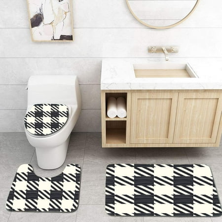 CHAPLLE Checkered Diagonal Stripes and Squares Monochrome Sketchy Geometric Grid Revival Tile Black 3 Piece Bathroom Rugs Set Bath Rug Contour Mat and Toilet Lid