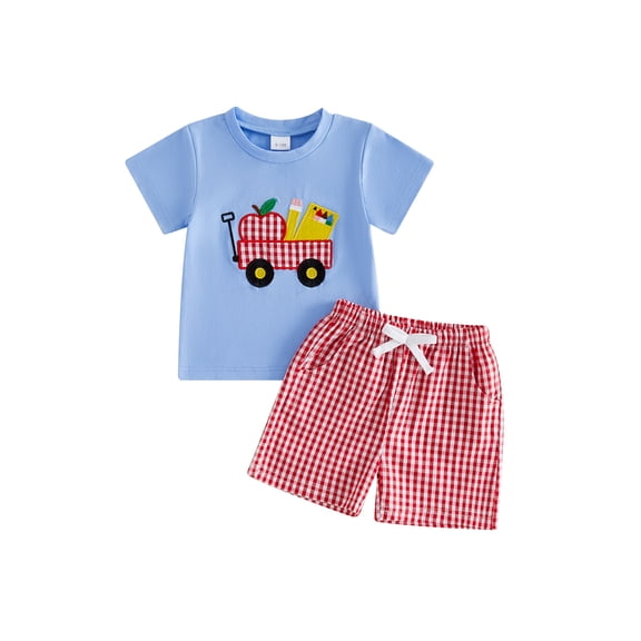 BemeyourBBs Toddler Baby Boy Back To School Outfit Pre Kindergarten Outfits Little Baby Boy Summer Clothes Casual Apple Pencil In Cart Embroidered ShoShirt and Pockets Plaid Shorts 2 Pcs Set