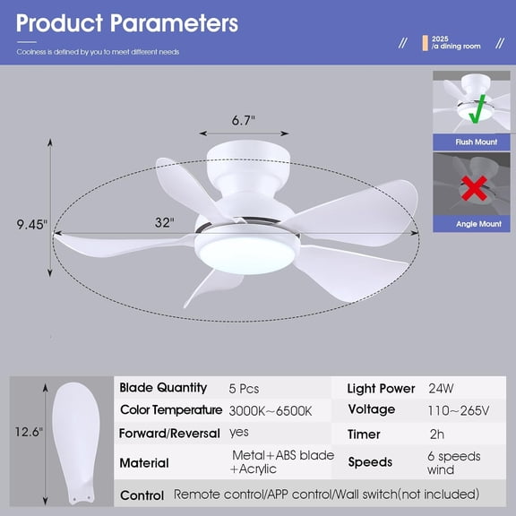 32 Inch Modern Flush Mount Ceiling Fan with Light and Remote APP Control, 5 Reversible  Motor Blades, 3 CCT Dimmable LED for Kids Room Bedroom