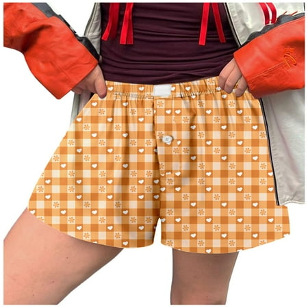 Blphud Beachwear Shorts Underwear for Women Cotton Women Shorts Soft Elastic Low Waist Plaid Print Button Front Bottoms Boxer Shorts Womens Baseball Shorts Orange M