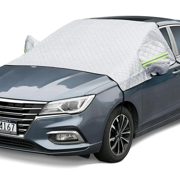 Heavy Duty Thickened 4-Layer Windshield Snow Cover For Ice,Snow,UV,Frost,Wiper & Mirror Protector,Windproof Sunshade For Cars,Compact SUVs(Silver)