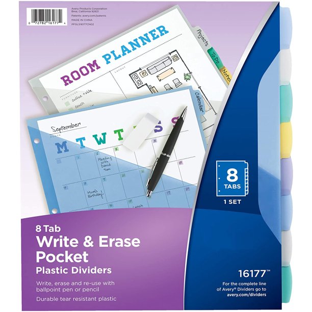 Binder Dividers, 8Tab Plastic Binder Dividers with Pockets, Write