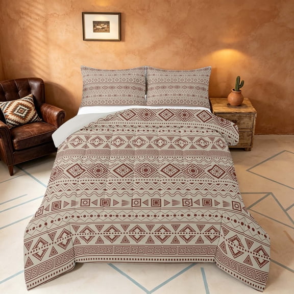 Manfei Bohemian Aztec Full Size Comforter Sets,Exotic Style Bedding Comforter Set, Beige Brown, Gray Reversible 3 Pieces, 1 Comforter and 2 Pillowcases