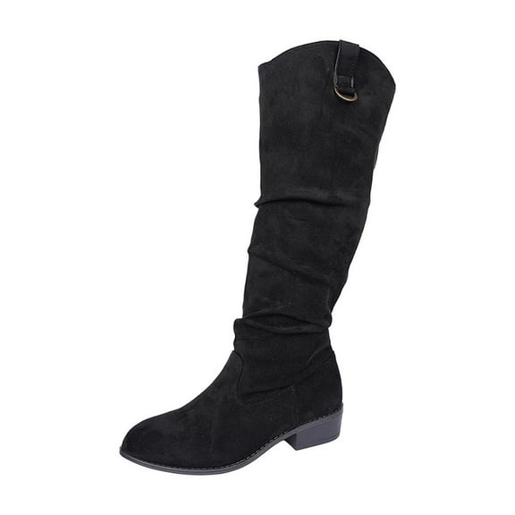 Black Women'S Knee High Boots With Pleated Detail, Pointed Toe And Chunky Low Heel For A Stylish Winter Look