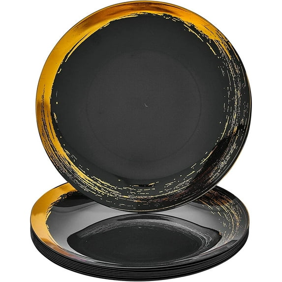 Royalty Gold Brush Stroke Rimmed Plastic Dinner Plates for Party (10 PC) Heavy Duty Disposable Dinner Set 10.25", Fine China Look Dishes for Baby Showers, Birthdays, Weddings, Holidays & More, Black