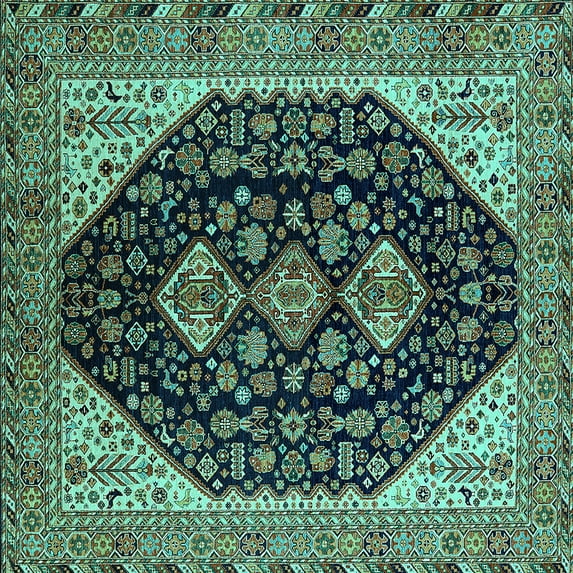 Ahgly Company Machine Washable Indoor Square Oriental Turquoise Blue Industrial Area Rugs, 8' Square