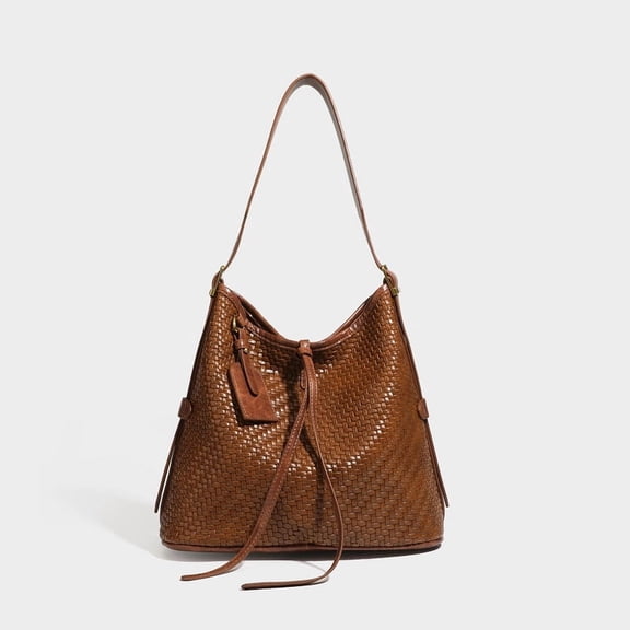 Alikpop Vintage Woven Bucket Tote Bag Adjustable Strap Crossbody Shoulder Handbag For Women Brown