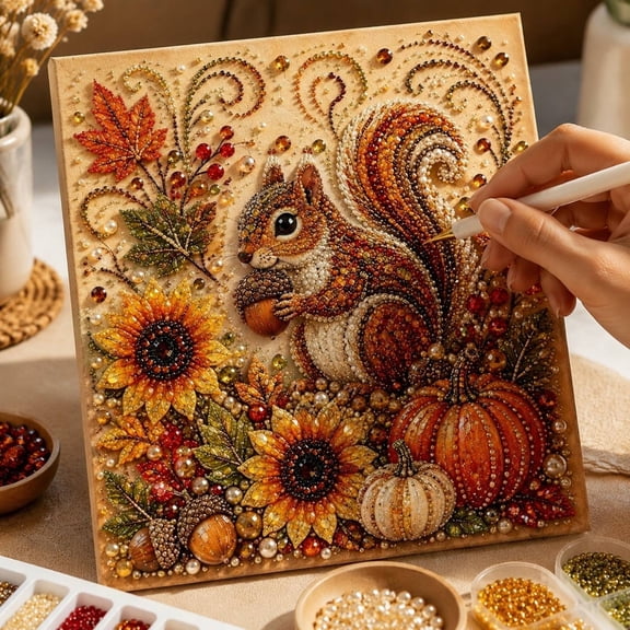 Halloween Pearl Art Diy Kit with Autumn Squirrel and Pumpkin Design, 12 X 12 Inch Canvas, Fall Home Decor for Adults, Wall Art Decoration
