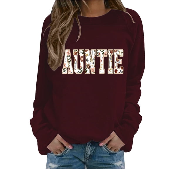 MVRLSH Essentials Hoodies for Women Custom Auntie Letter Print Crewneck Casual Long Sleeve Pullover Spring Fall Layering Daily Outfit Match Sweatshirt Red - L