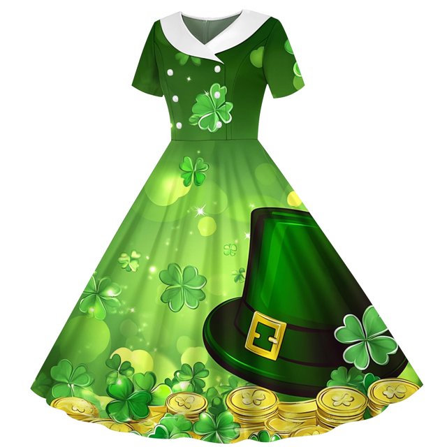 MKOSPLRT Robe de la Saint-Patrick pour Fille 5-14 Ans Manches Courtes Imprimé Trèfle Robe Longueur Genou Robe Vintage des Années 1950 pour Cocktail et Fête