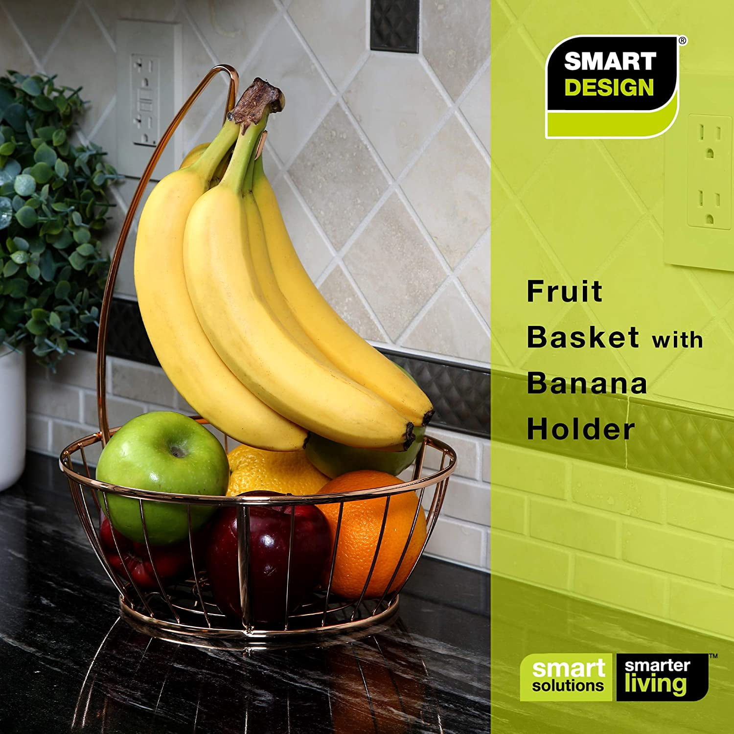 Smart Design Banana and Fruit Basket Bowl Hanger Holder Stand - Steel Metal Frame - Basket Holds 10 lbs. - Fruits, Vegetables, Food Storage and Display - Kitchen - 9.9 x 13.4 Inch - Rose Gold