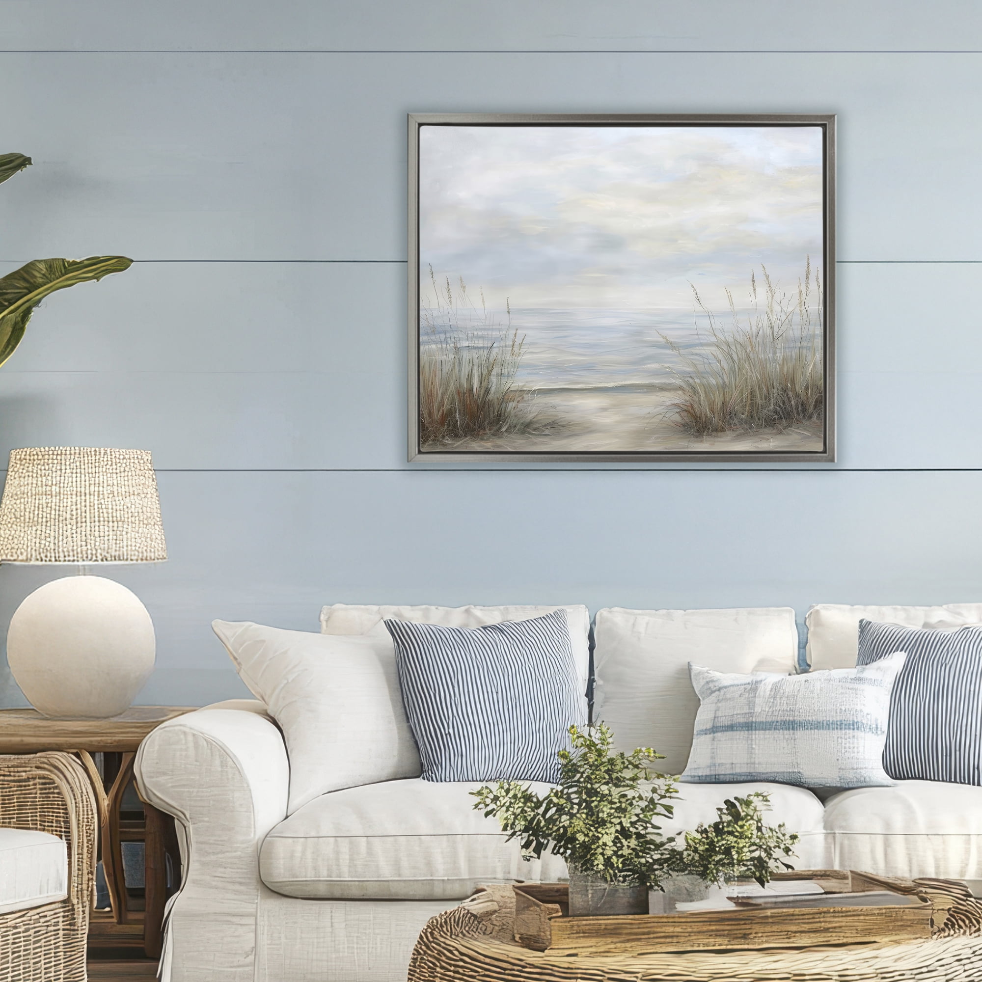 Stupell Industries Silent Beach with Seaside Dunes Gray Framed Floater Canvas Wall Art, design by Petal Prints Design
