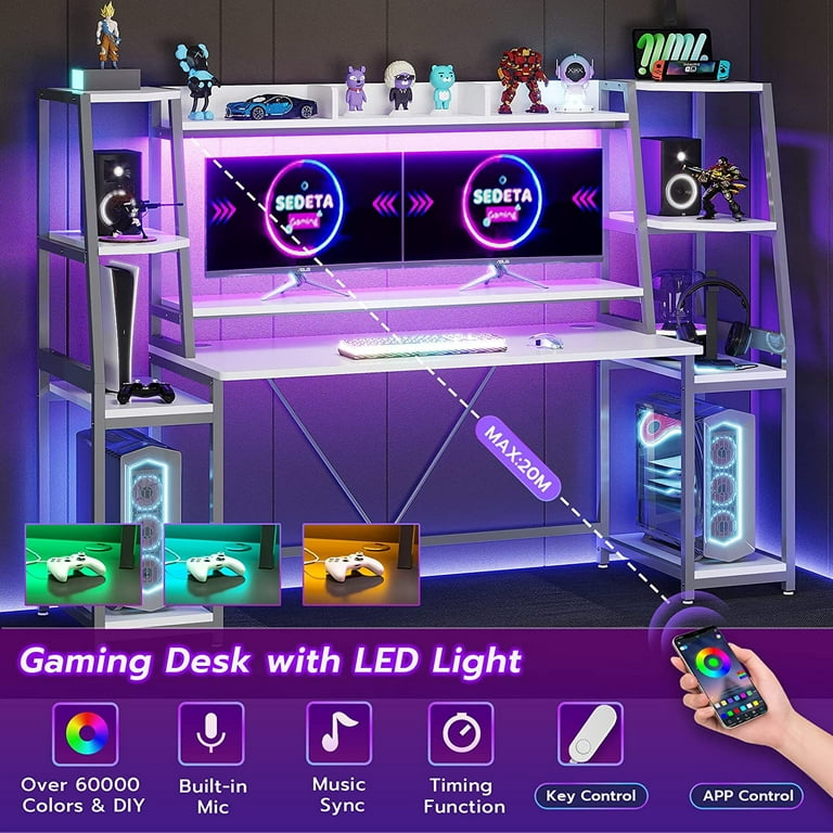 SEDETA 78.8'' Gaming Desk with Hutch and Storage Shelves LED Lights,  Computer Desk Large PC Gamer Desk, Ergonomic Gaming Table, White