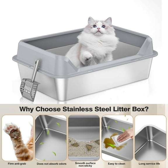 Open-Top Stainless Steel Cat Litter Box  Medium-Large Size Metal Litter Pan for Big Cats, Side Door Design, Non-Sticky, Leak-Proof, Easy to Clean 50x35x20cm