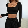thumbnail image 4 of WCJM Long Sleeve Crop Tops for Women Ribbed Square Neck Slim Fitted Casual Y2K Top Fashion Women's Long Sleeve T-Shirt, 4 of 8