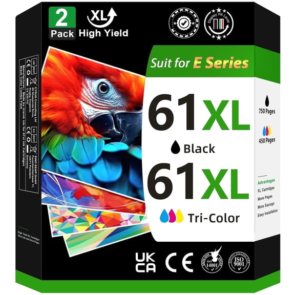 61 Ink Cartridge Compatible for HP 61XL Black and Color Ink for Envy 4500 5530 4502 Officejet 4630 4635 DeskJet 1000 1010 2050 2500 Printer(2-Pack)