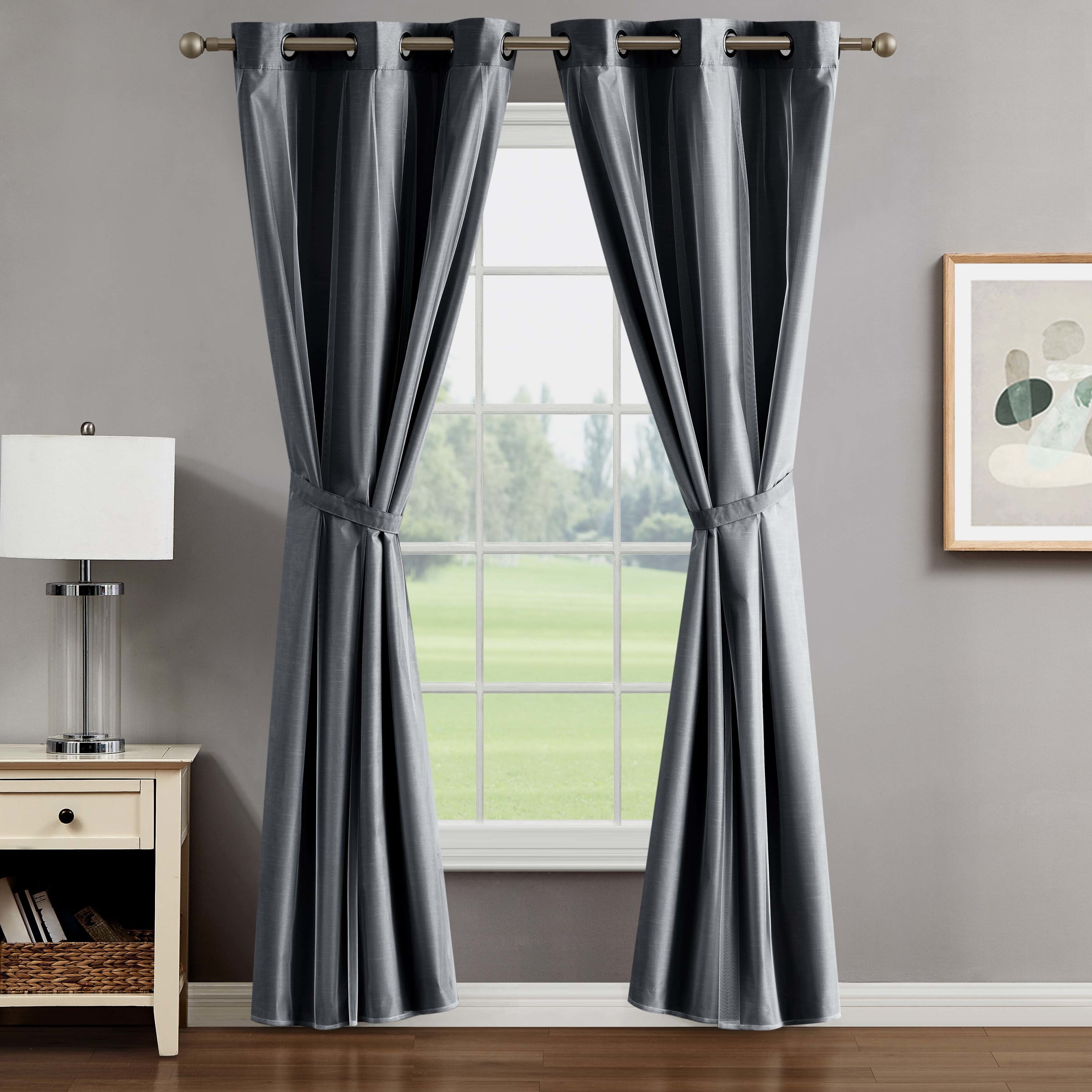 Augusta Blackout Window Curtain Panels and Tiebacks, Faux Silk with Sheer Overlay, Grommet, Charcoal Grey, 38" x 84"