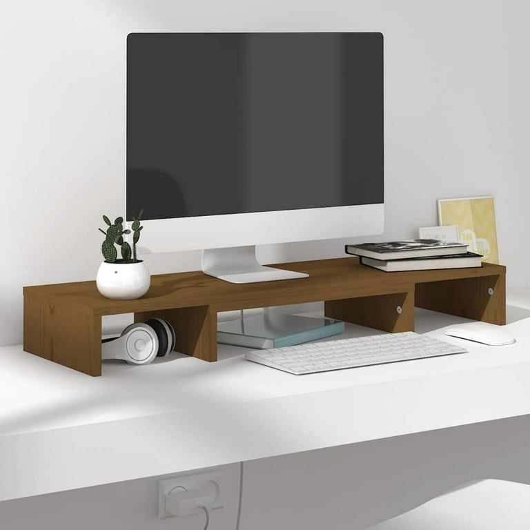 VidaXL Solid Wood Pine Monitor Stand Wooden Desktop Riser Display Shelf Desk Cabinet Laptop Screen Stand Dual Monitor Table Living Room Furniture