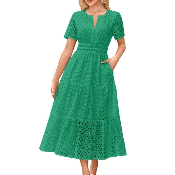 VEKDONE Women's Casual Printed Pleated Elastic Waist Sleeveless V-Neck Dress Green L