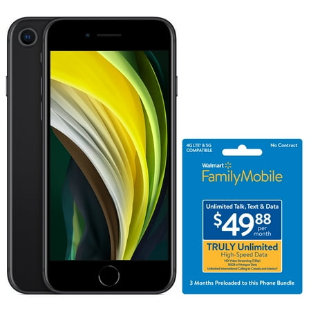 Walmart Family Mobile Apple iPhone SE (2020), 64GB, Black- Prepaid Smartphone with FREE 3 Months of Service