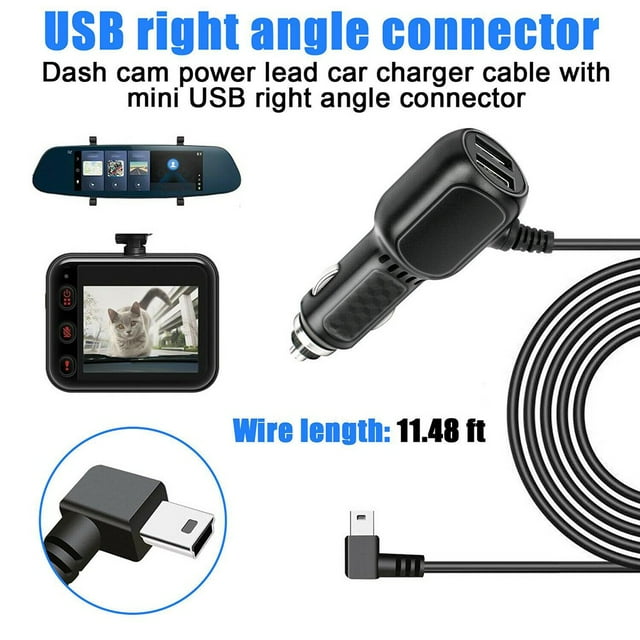 Dash Cam Car Charger Usb Cable 11.5Ft Power Cord Supply For Dvr Camera Gps