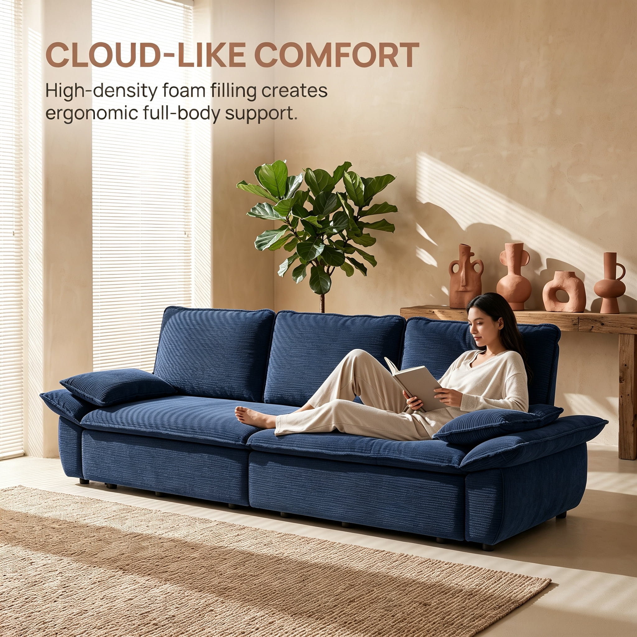 3-in-1 King Size Sleeper Sofa Bed, 94.5" Corduroy Convertible Pull Out Couch with Steel Frame, Modern Folding Lounge Sofa for Living Room, Blue