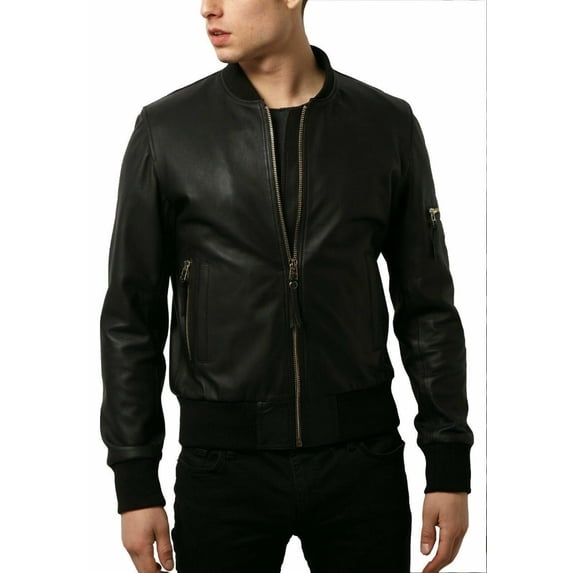 Mens Black Lambskin Bomber Leather Jacket With Branded YKK Zipper | Black Bomber Leather Jacket | Biker Leather Jacket