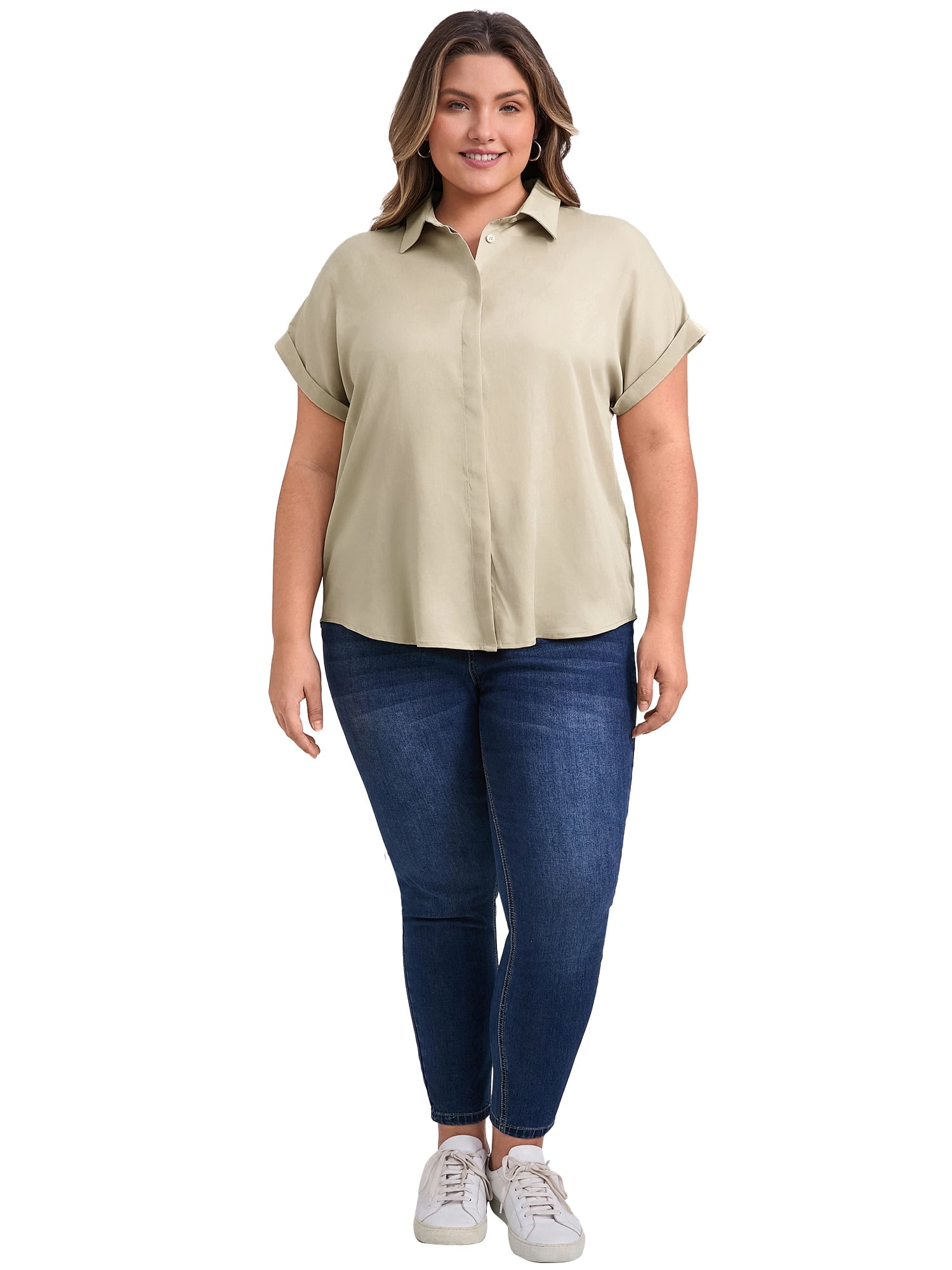 DARING DIVA Women's Plus Size Button Down Polo Lapel Short Sleeve Blouse 4X Khaki