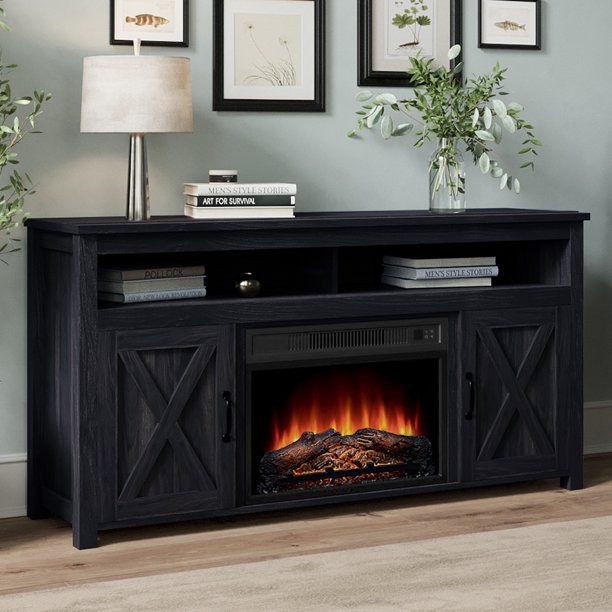 BELLEZE 58" TV Stand with 23" Electric Fireplace, Barn Door TV Stand
