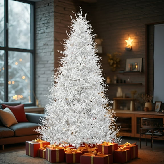 7 FT White Artificial Christmas Tree with 400 LED String Lights Stepless Dimming,3 Color Modes,Hinged Xmas Pine Tree with 1218 Realistic PE Branch Tips,Versatile Holiday Decor Tree,for Holiday Party