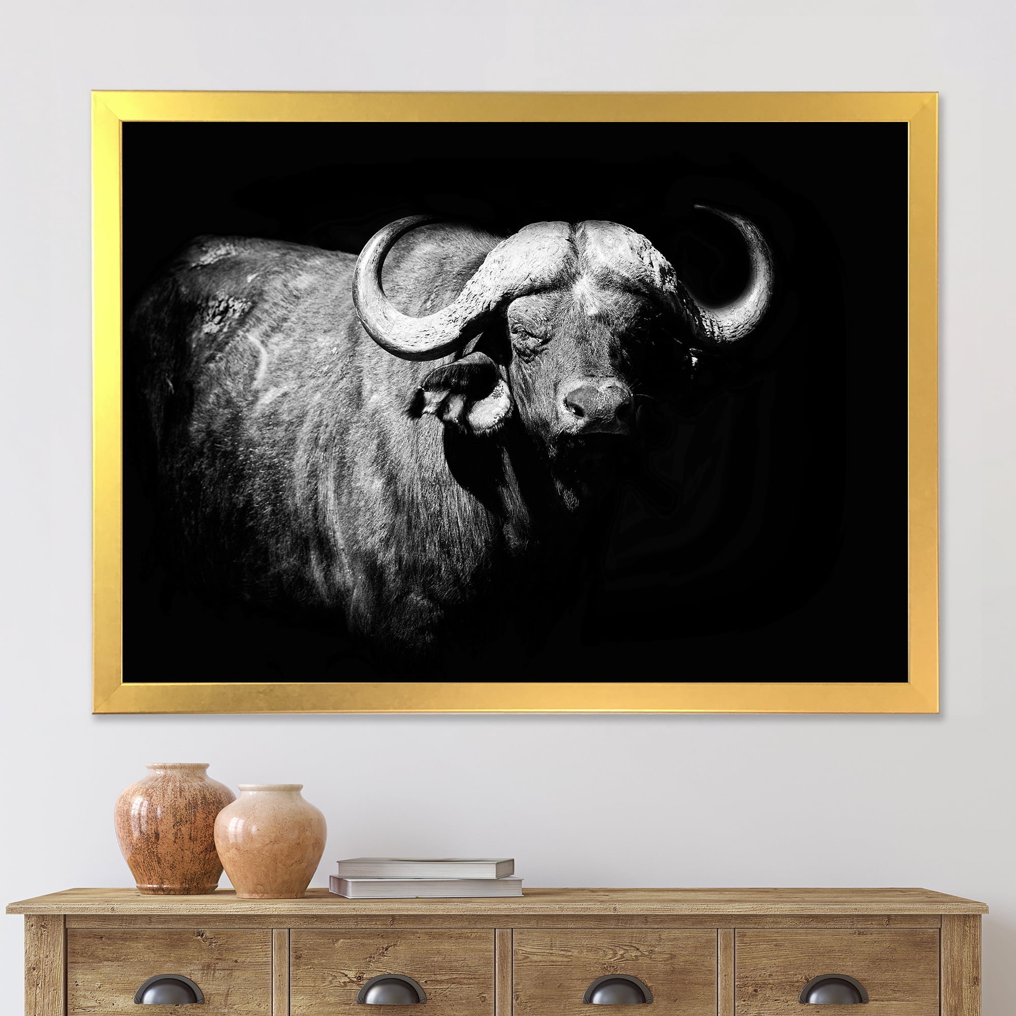 Designart 'Black and White Portrait Of Buffalo I' Farmhouse Framed Art Print